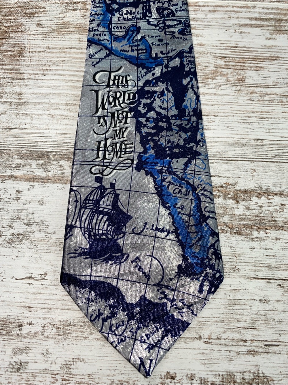 Map Nautical Polyester Tie “This World Is Not My Home” Blue Gray Mens Novelty